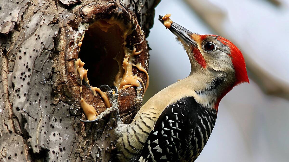 A woodpecker eating peanut butter out of a hole in a tree.