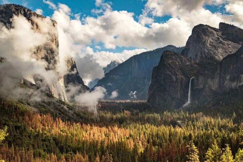 An aerial view of the valley and cliffs in Yosemite National Park captured on a cloudy day.