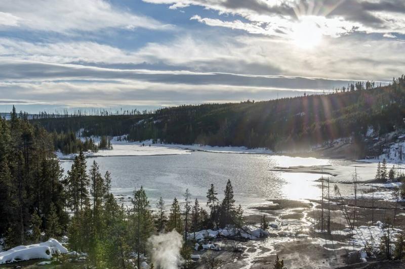 Aerial view of Yellowstone hot spring in winter, Wyoming, United States.