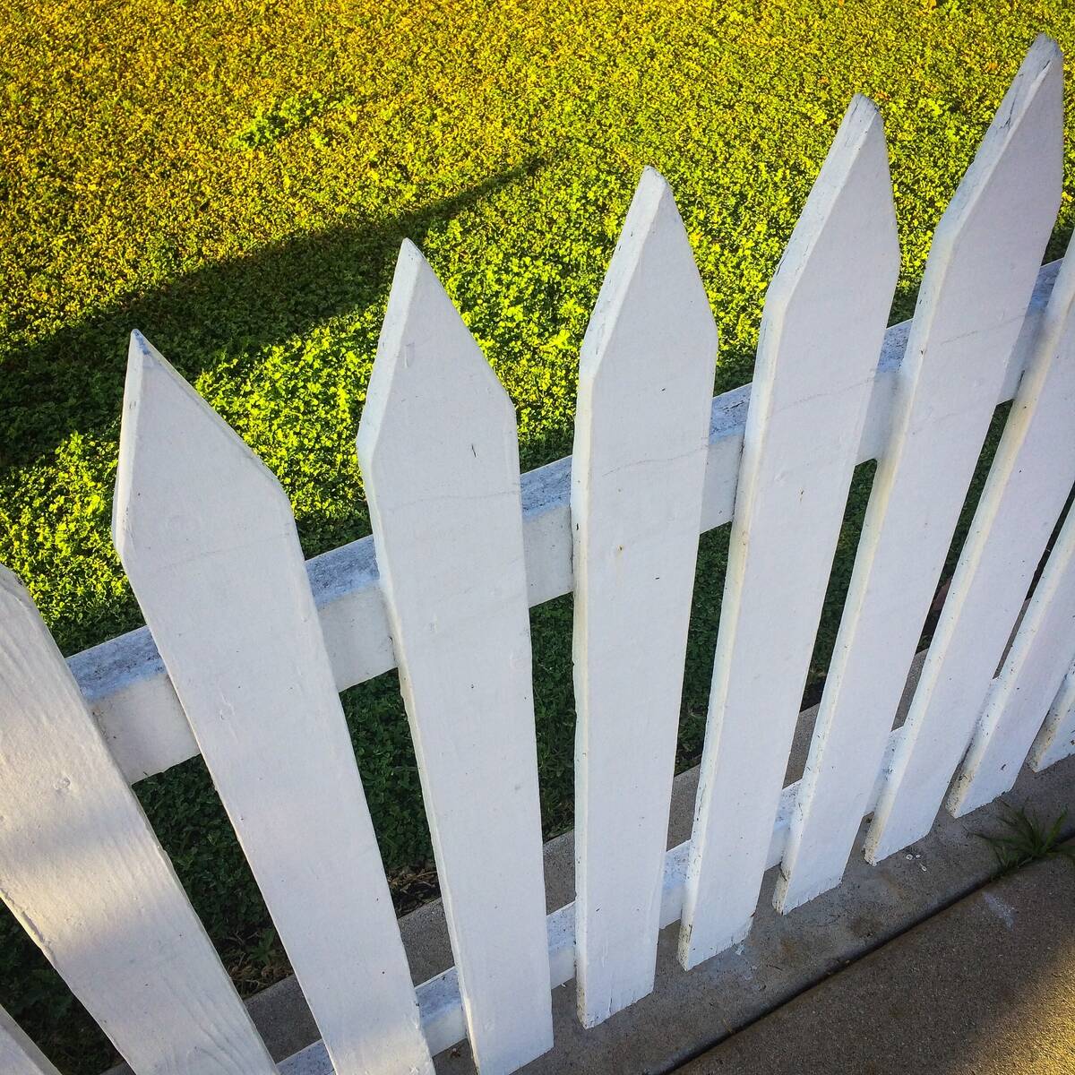 White picket fence in front of perfect lawn.