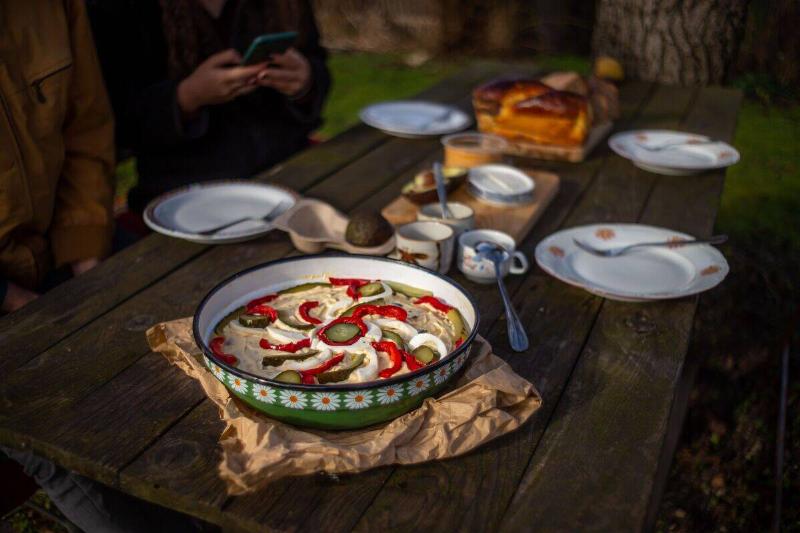 A meal on a table outside.