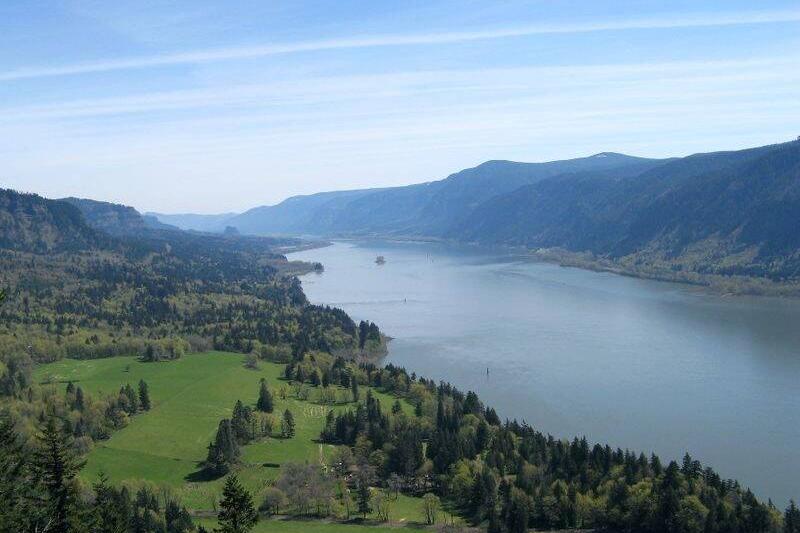 The Columbia River Gorge facing east toward Beacon Rock.