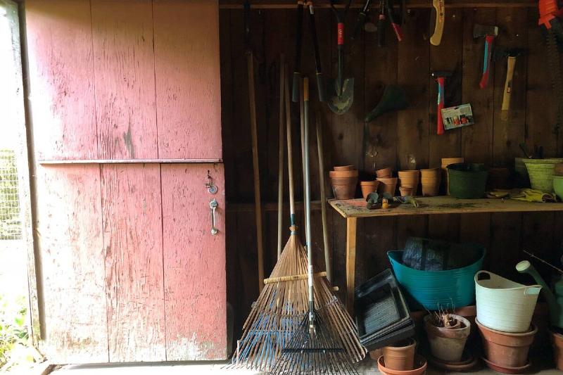 Tools in a garden shed. 