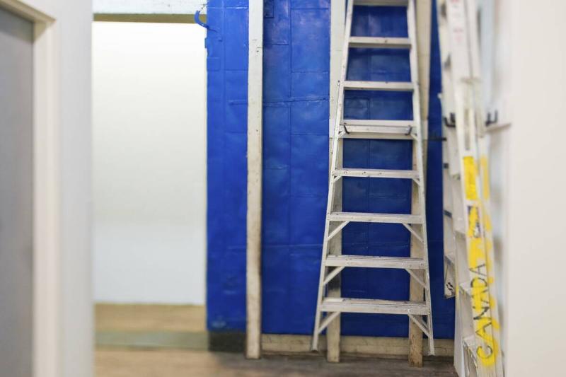 Ladders hanging on a wall. 