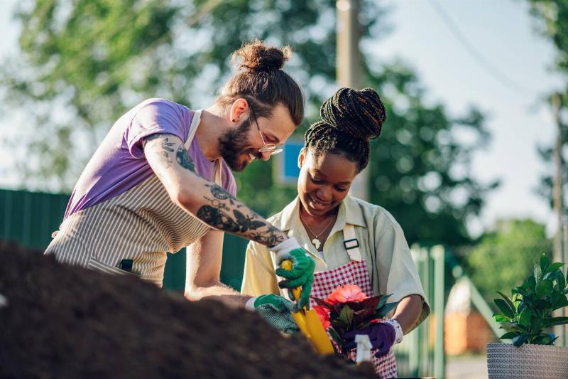 Two people working in garden together.