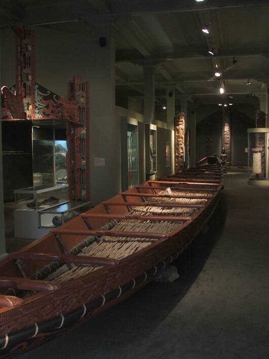 A waka taua displayed at the Otago Museum