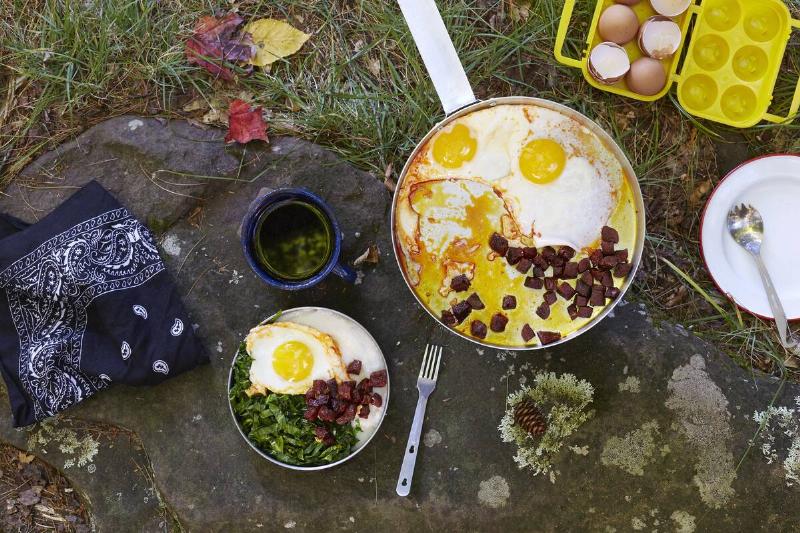 Overhead view of prepared breakfast at camp site, Colgate Lake Wild Forest, Catskill Park, New York State, USA.