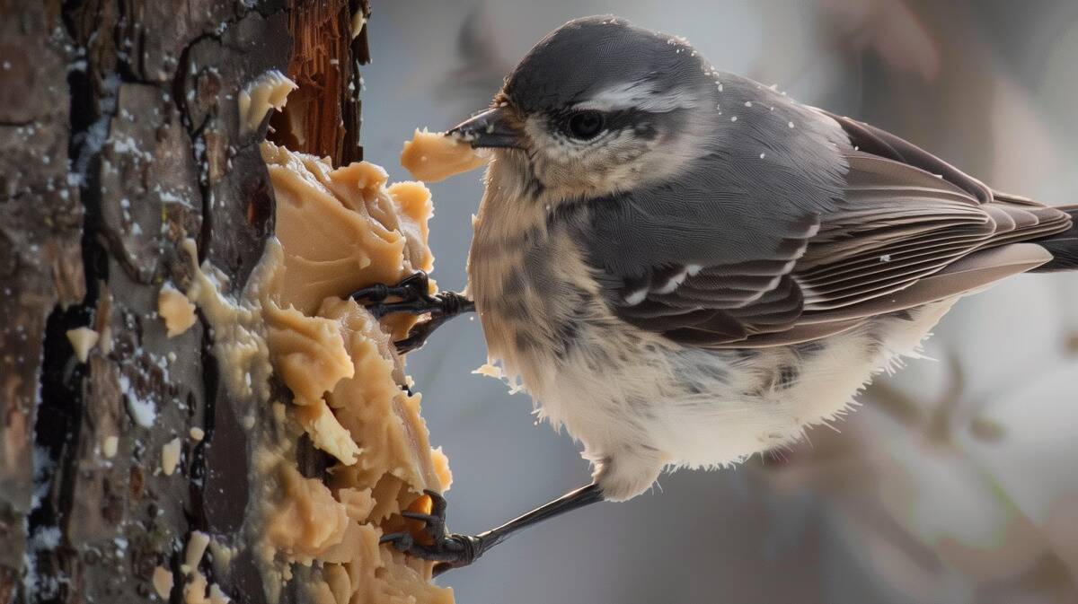 A bird eating peanut butte off of a tree.
