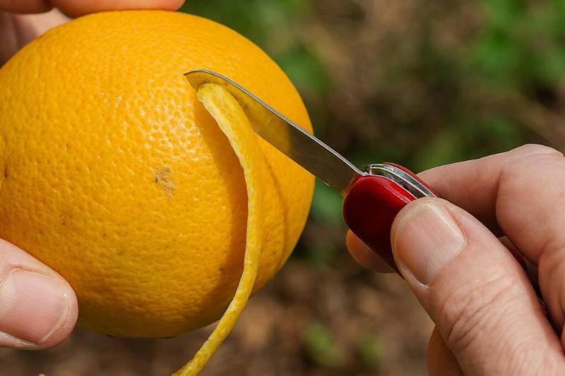Peeling an orange with a Swiss Army Knife.