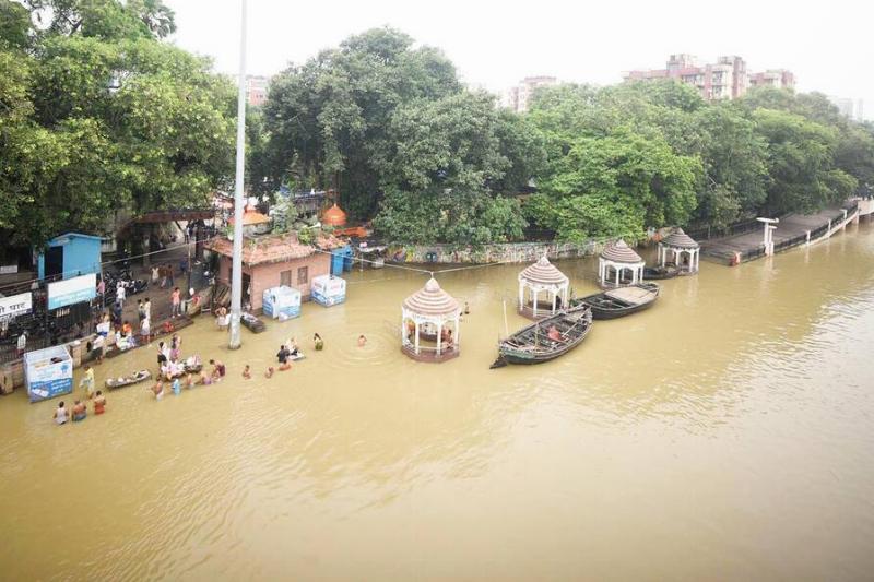 A Gandhi Ghat partially submerged due to increase in the levels of Ganga river, on September 9, 2025 in Patna, India.