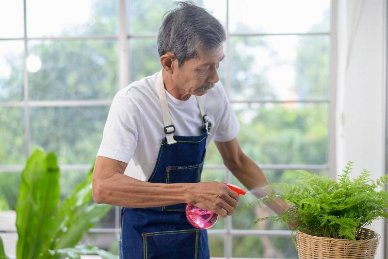Man gently watering plant.