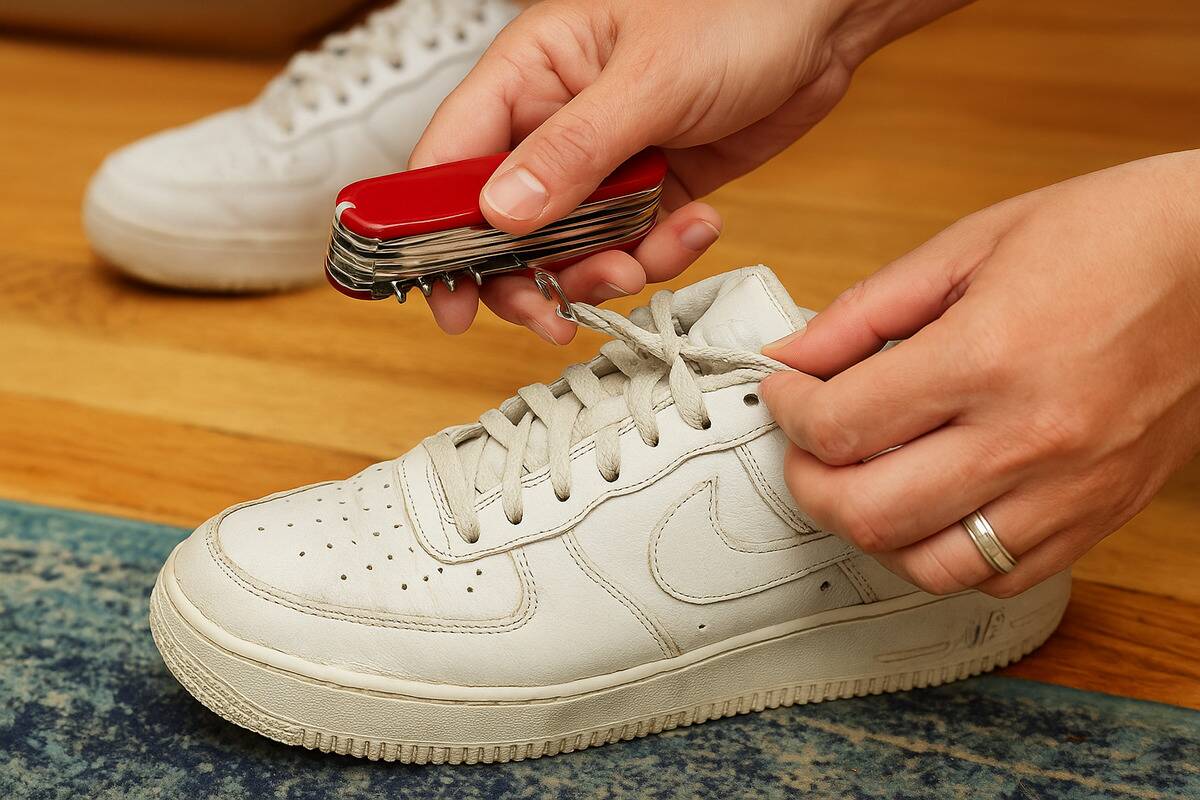 Hands tightening laces on a shoe using a swiss army knife. 