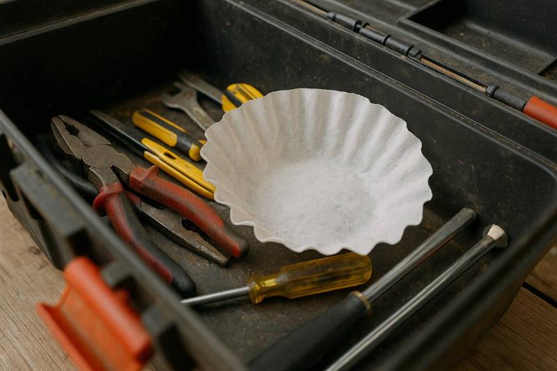 A coffee filter in a tool box.