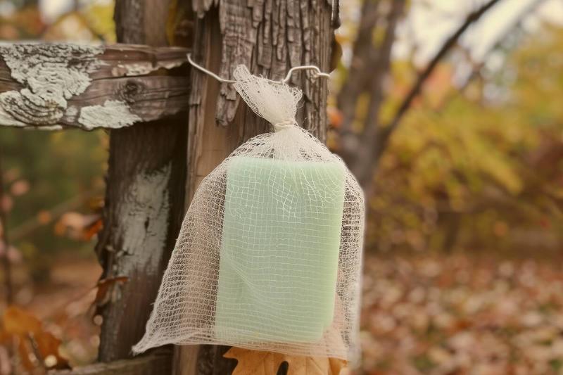 A bar of soap in a bag, hanging on a fence. 