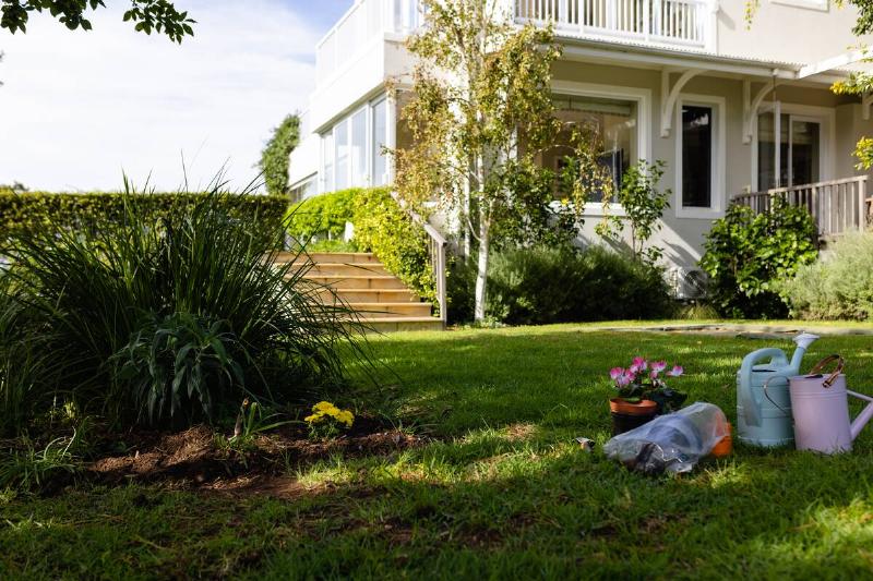 Watering cans in shade on patchy grass. 