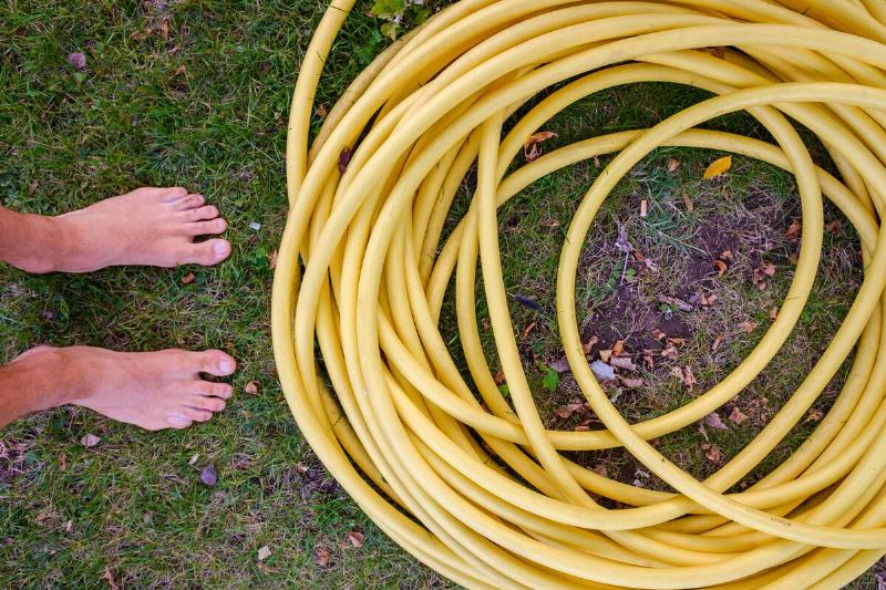 Garden hose on the ground.