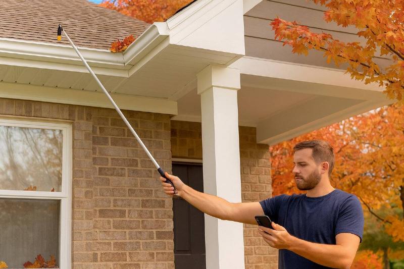 A man using a camera to check his gutters.