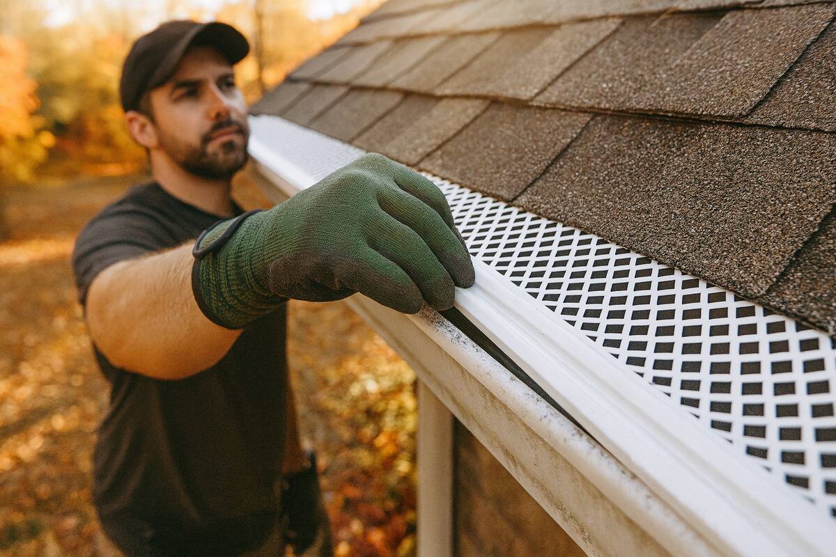 A man installing gutter guards.