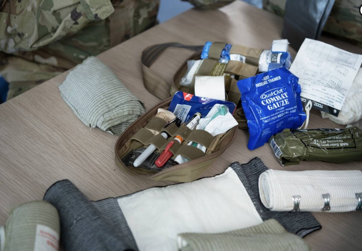 The inside of an IFAK with compression bandages.