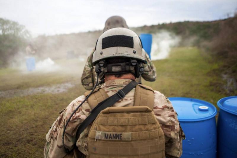The back of a US soldier's head during a training exercise.
