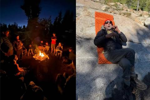 A split image, on the left is Troop 26 around a campfire, on the right is Montgomery laying on a rock to warm up after he was found.