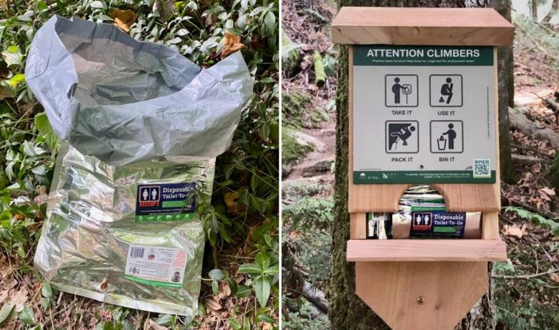 Two images, on the left is an open 'wag bag' propped up on the ground, on the right is a wooden box containing wag bags, a sign above instructing climbers to take one and how to use it.