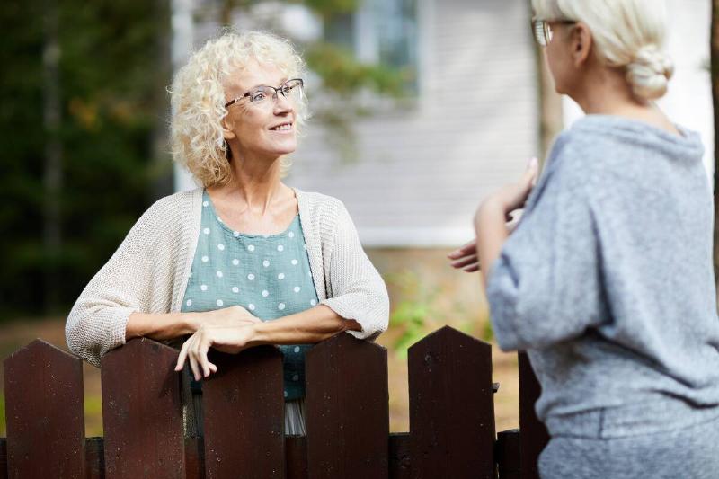 Two women talking over a fence.
