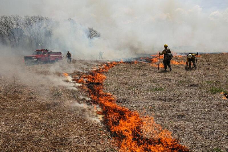 Forest rangers light and control a fire during a prescribed grassland burn inside a tract of land near the intersections of NY Routes 25 and 25A in Calverton, New York on May 5, 2022.