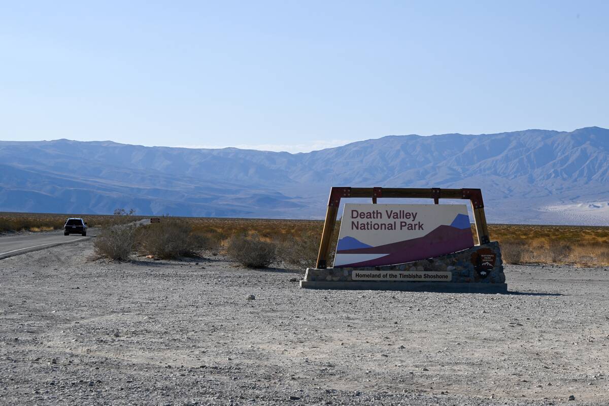 A view of a welcome sign near California State Route 190 as the  temperature shows 115°F (46°C) at Furnace Creek Visitor Center in Death 
Valley National Park of California, United States on July 17, 2025.