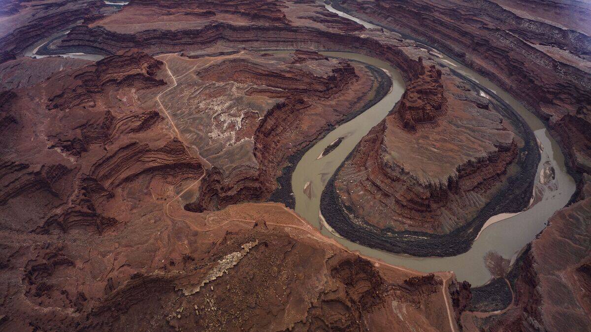 Canyonlands National Park aerial view overlooking the Green River at Island in the Sky, Utah