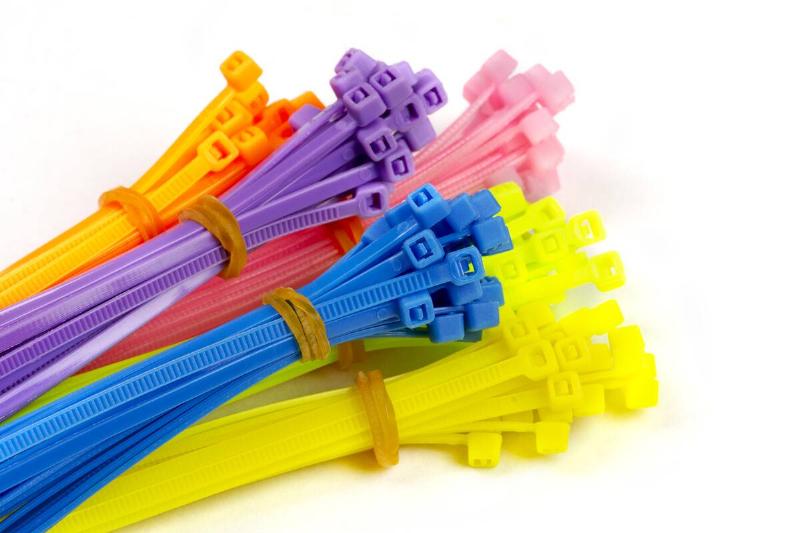 Multicolor cable zip ties on white background