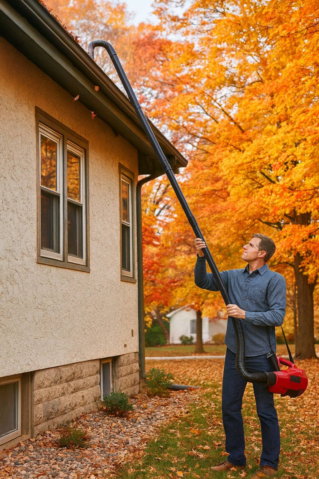 Man vacuuming out gutters.
