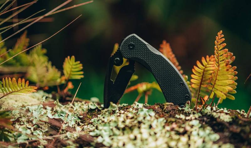 A half-open pocket knife stuck into a log.