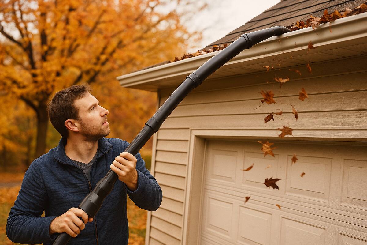 A man using a leaf blower to clean his gutters.