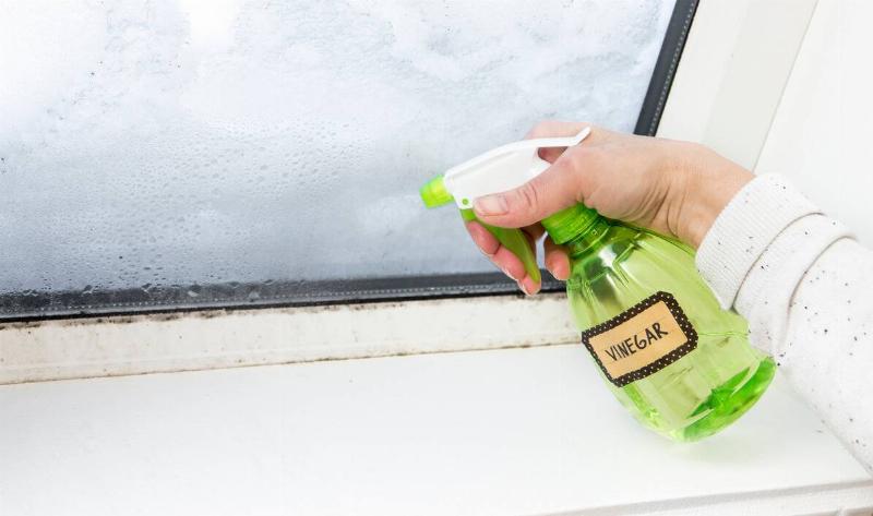 A hand using a spray bottle labeled 'vinegar' on a windowsil.