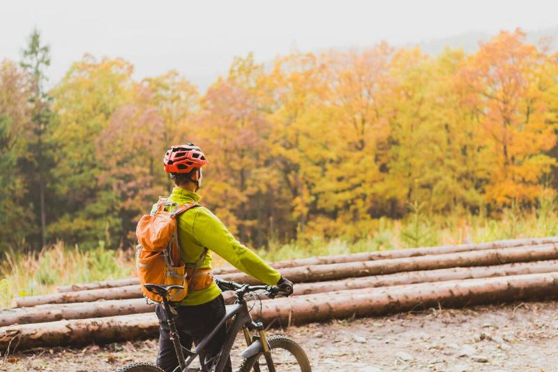Mountain biker looking at fall forest.
