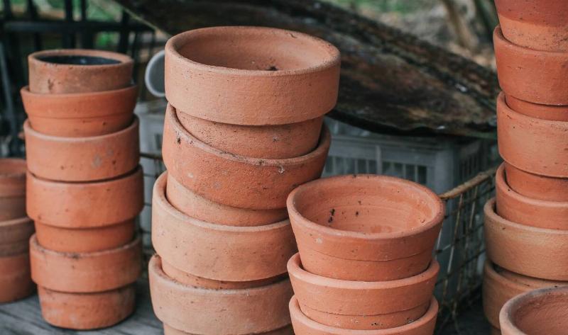 Stacks of terracotta pots.