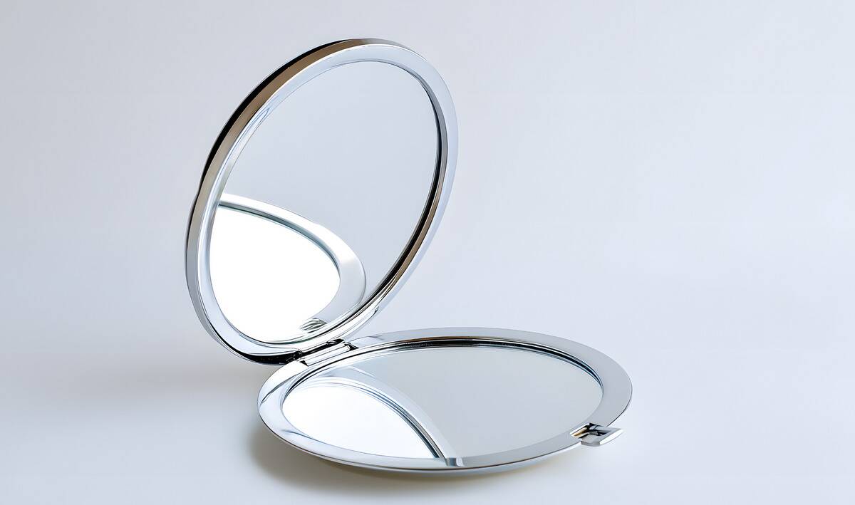 A silver compact mirror.