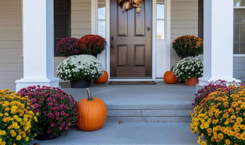 An autumnal porch with pumpkins of pots of mums.