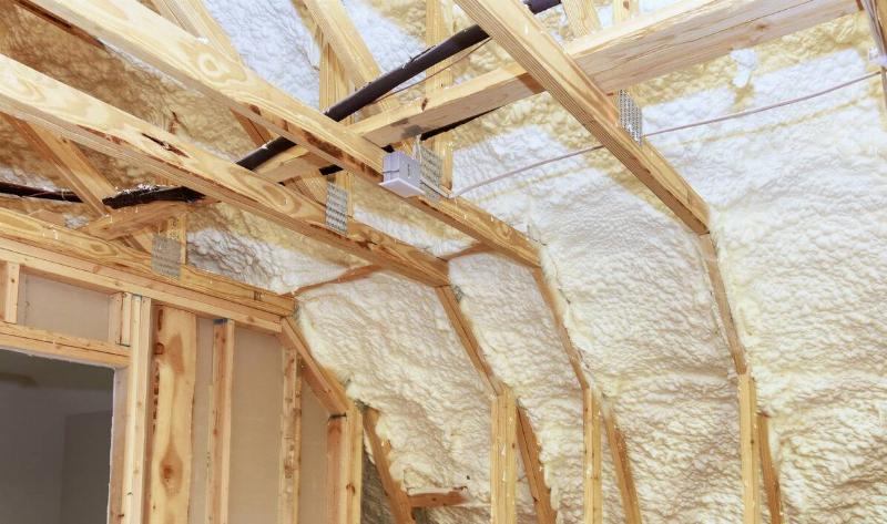 Foam insulation in the ceiling of a shed.