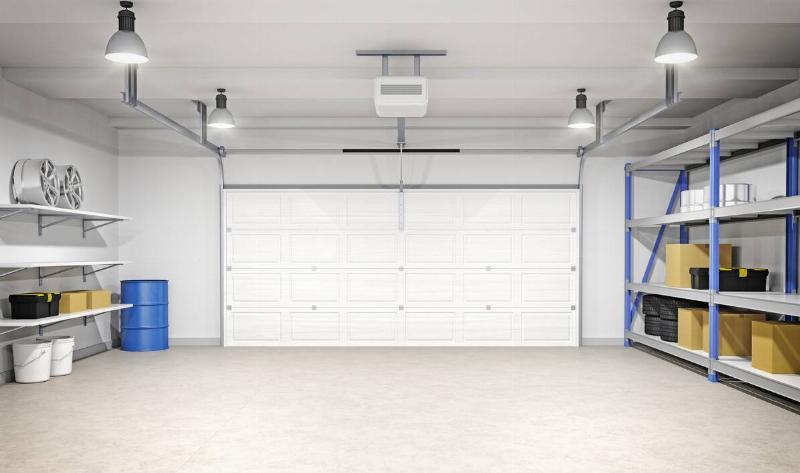 A brightly lit garage.
