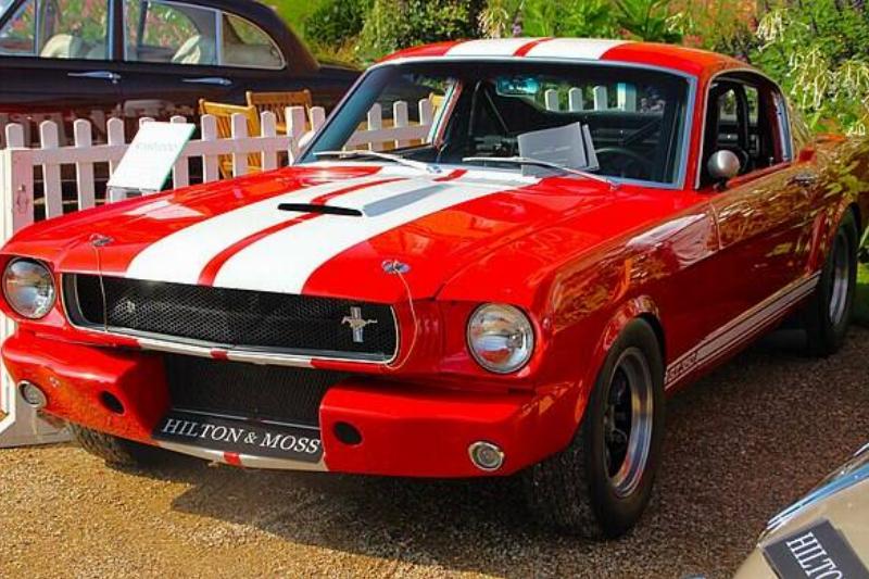 Shelby GT350 parked next to a white picket fence