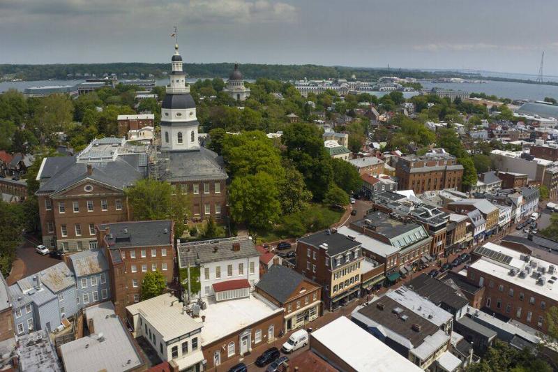 Aerial view of Annapolis State Capitol of Maryland with US Naval Academy in background on Chesapeake River