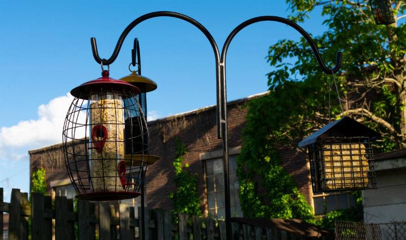 A metal stand with a variety of bird feeders in someone's backyard.