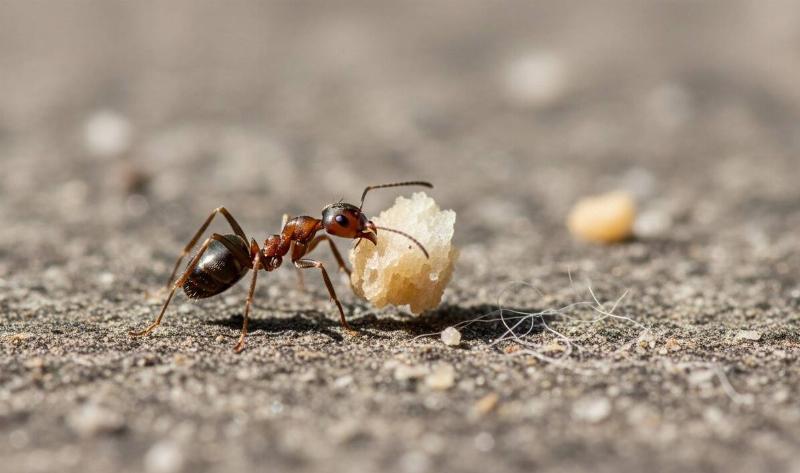 An ant crawling on the ground with a crumb.