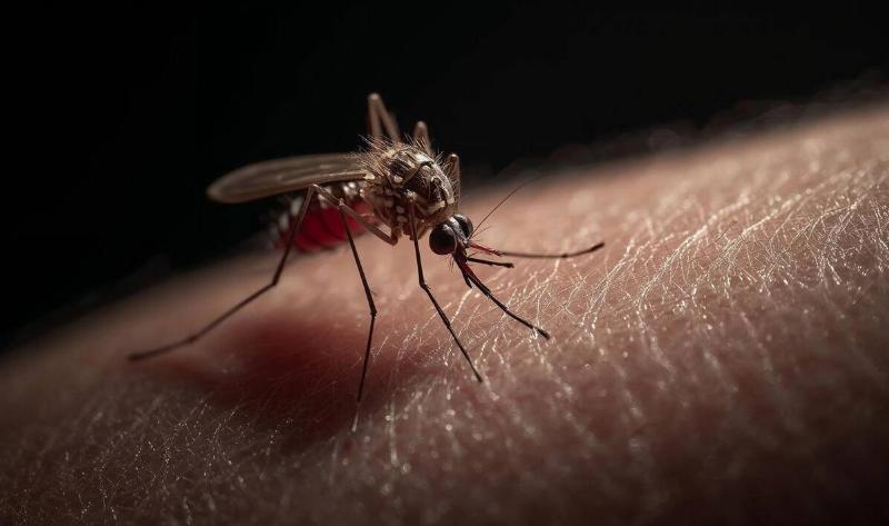A closeup of a mosquito on a person's arm.