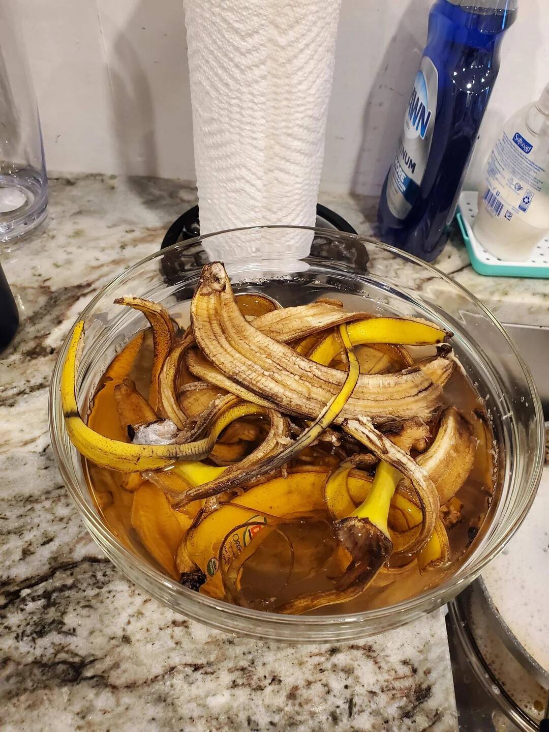 A bowl of banana peel water.