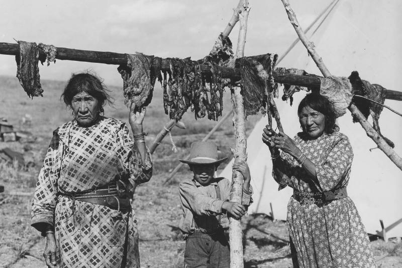 Blackfeet Tribe Women Sun-Drying Meat