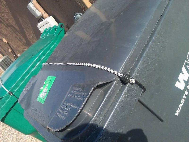 Two garbage bins with a bungee cord holding the lid shut.