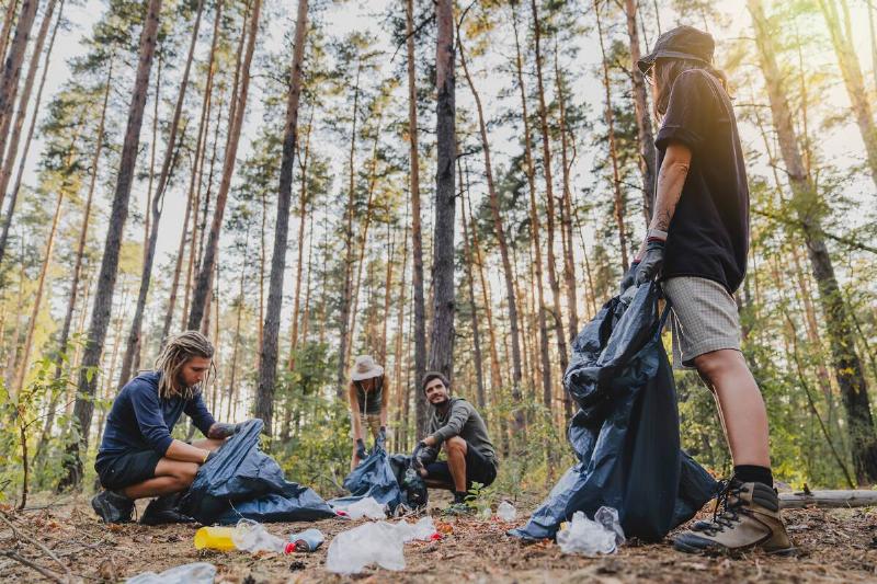 Group of diverse friends picking up litter outdoors in forest, concept.